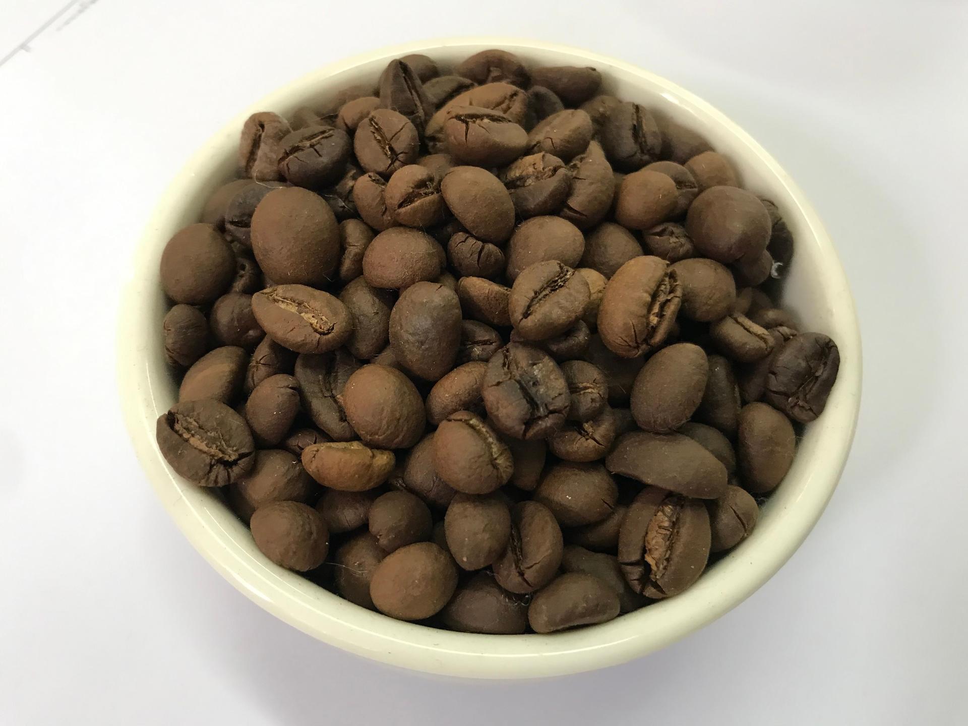 Roasted coffee beans in a white cup